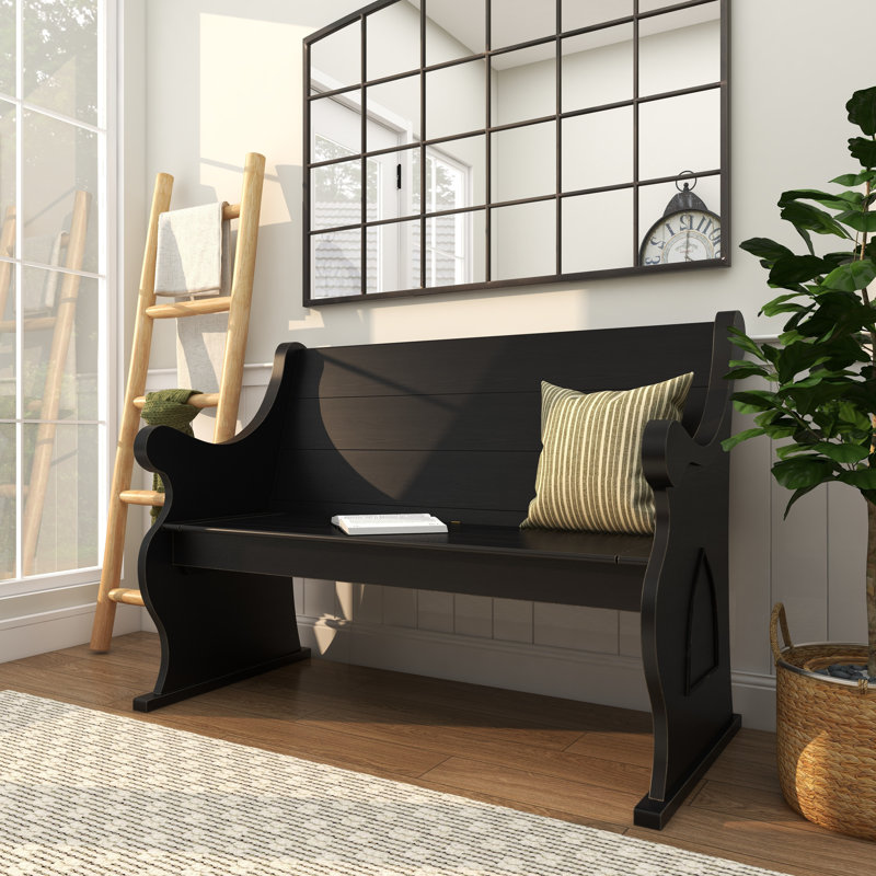 Payton Black Wood Storage Bench with Scrolled Armrests 50" x 24" x 36", Black 