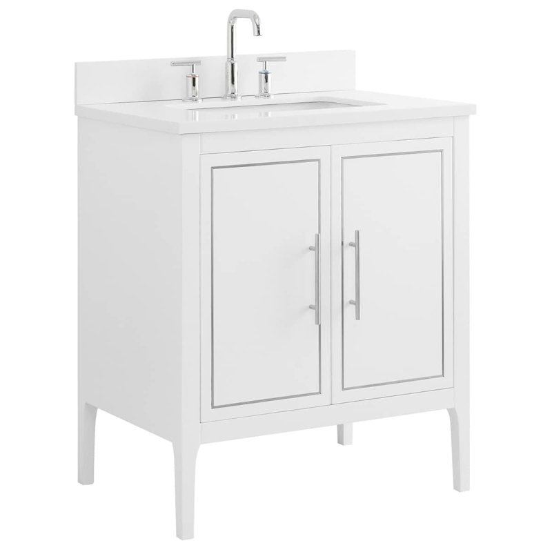 Meuble-lavabo simple autoportant 30 po Atia avec comptoir en quartz blanc pur et lavabo en céramique, Blanc / argenté, 30"