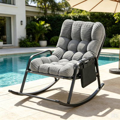 Low Armrest Oversized Papasan Rocking Chair with Soft Corduroy Cushion & Storage Pocket,  Sturdy Metal Frame Gliding Chair for Indoor Outdoor Bedroom Living Room Patio, Gray