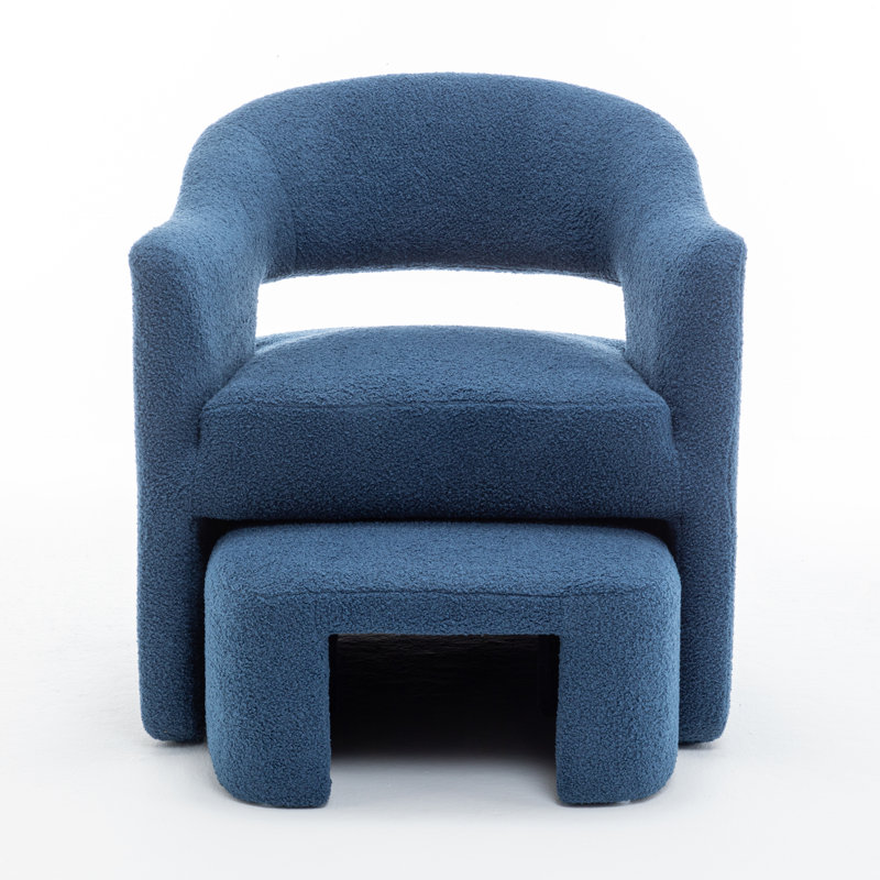 Torrence Upholstered Barrel Chair With Ottoman, Navy Faux Fur