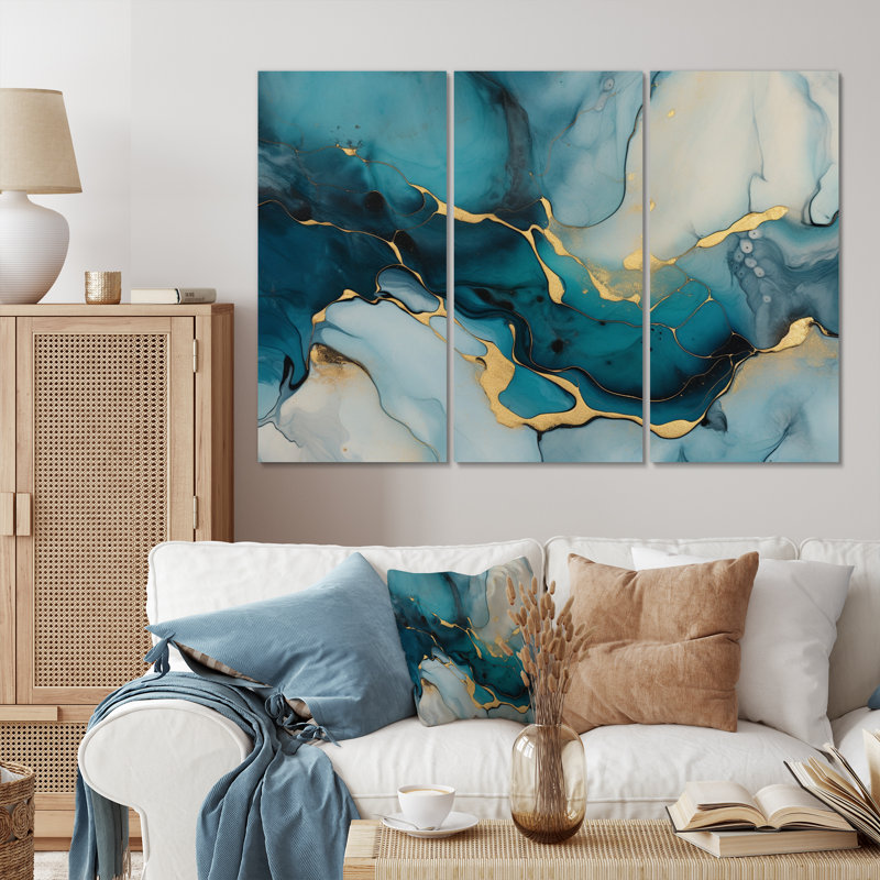 Turquoise doré infusé marbre IV sur toile, 3 pièces, H 28 po x l 36 po x P 1 po