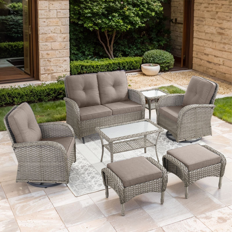 Valierius 7-Piece Outdoor Wicker Patio Furniture With Loveseat Glider, Rattan Coversation Set With Water Resistant Cushions