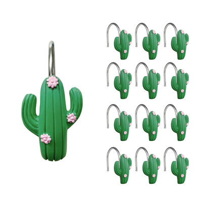 Decorative Shower Curtain Hooks, Green Cactus Flowers Blossom Shower Curtain Rings, Resin, Summer Bathroom Decoration - 12 Pack