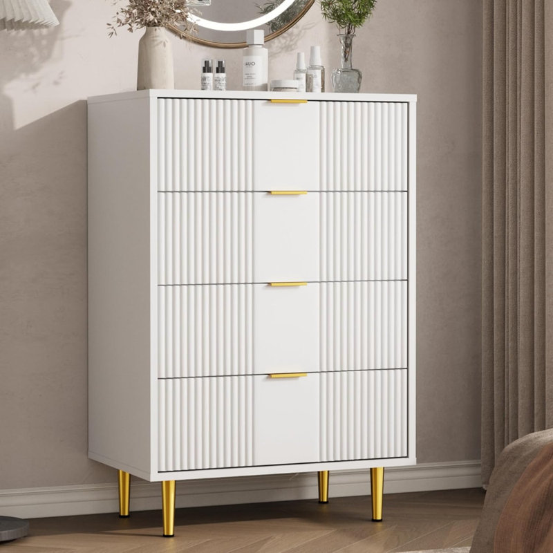 Fluted Dresser for Bedroom, Wooden Closet Clothes Storage Organizer for Living Room, Hallway, White/4 Drawers