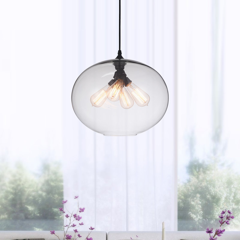 Glass Pendant Light - Single Bulb Hanging Fixture with Minimalist Modern Round Clear Shade, Adjustable Black Cord - Kitchen, Dining Room, Bar Lighting