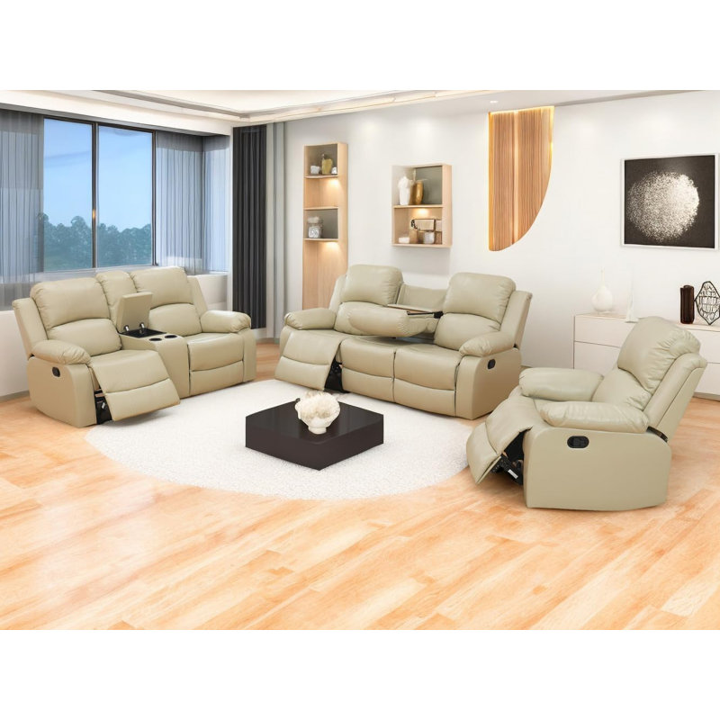 Beige Faux Leather 3-Piece Reclining Sofa Set with Cup Holders