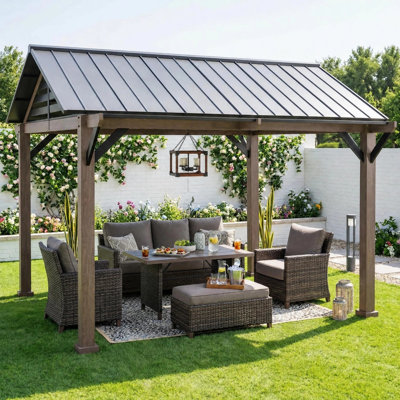 Sunjoy Hardtop Gazebo 13 x 13 ft. Outdoor Galvanized Steel Gazebo with Metal Gable Roof and Ceiling Hook, Suit for Patio and Backyard