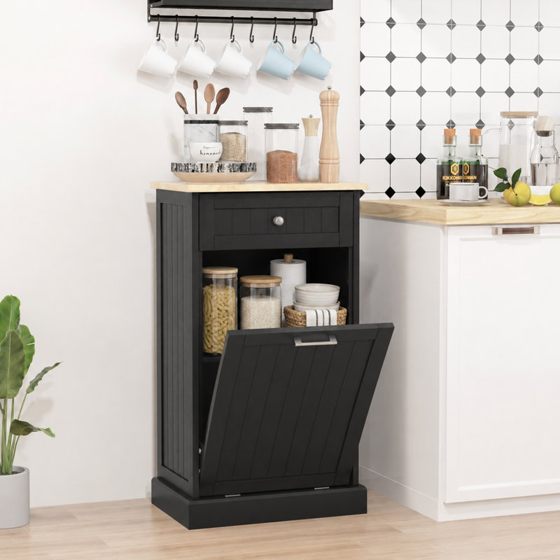 Lynnsay Tilt Out Trash Cabinet, Hidden Garbage Bin Cabinet with Drawer, Black