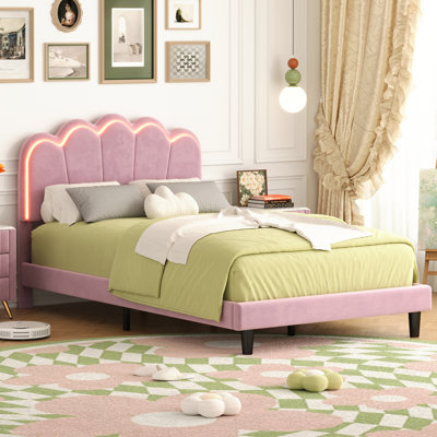 Upholstered Smart LED Bed Frame With Elegant Flowers Headboard,Floating Velvet Platform LED Bed With Wooden Slats Support,Pink