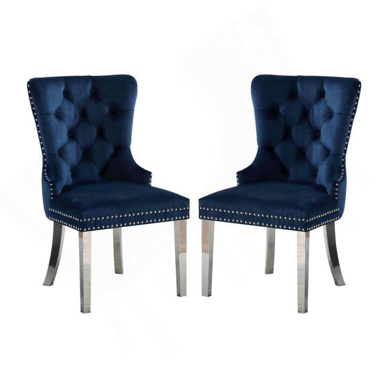 Ensemble de 2 chaises à oreilles avec dossier capitonné bleu et chrome