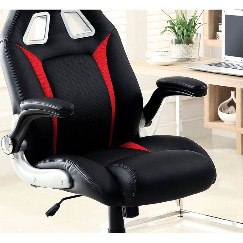 Chaise de bureau moderne rembourrée, accents noir, argent et rouge, hauteur réglable, pieds de roue pour accoudoirs et tâches contemporaines
