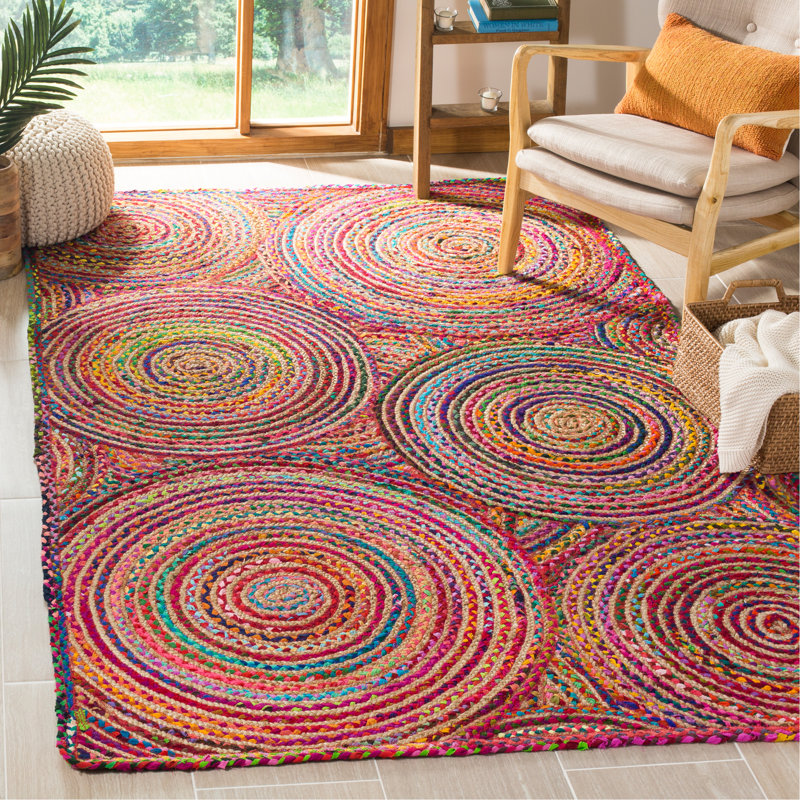 Tapis à motif géométrique tissé à plat à la main en jute / sisal / coton rouge / multicolore Herzig, Rectangle 4 pi x 6 pi