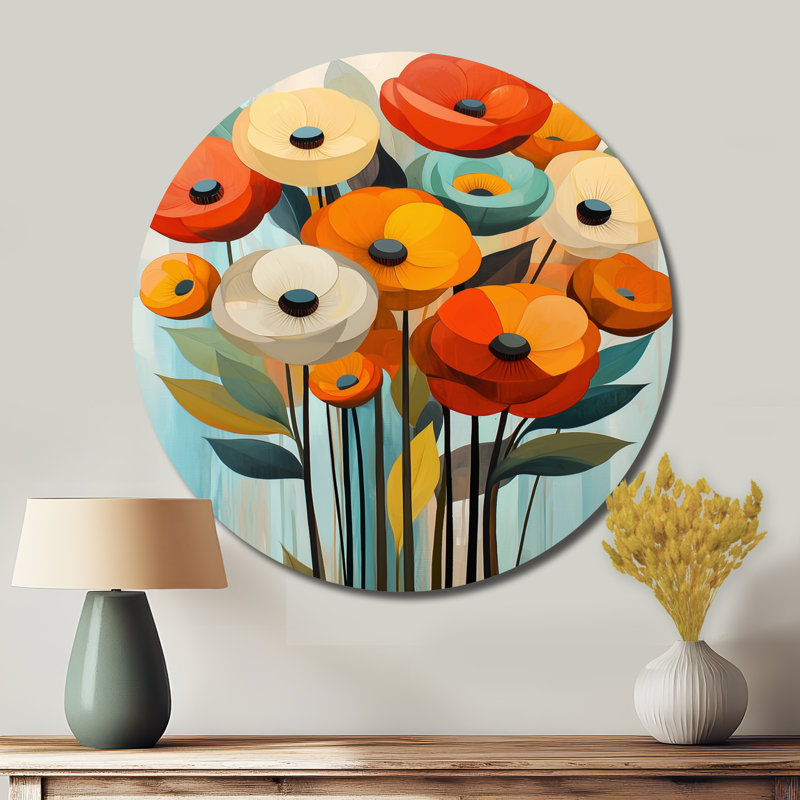 Vibrant jardin de fleurs de renoncule I - décoration murale traditionnelle en métal rouge, H 36 po x l 36 po
