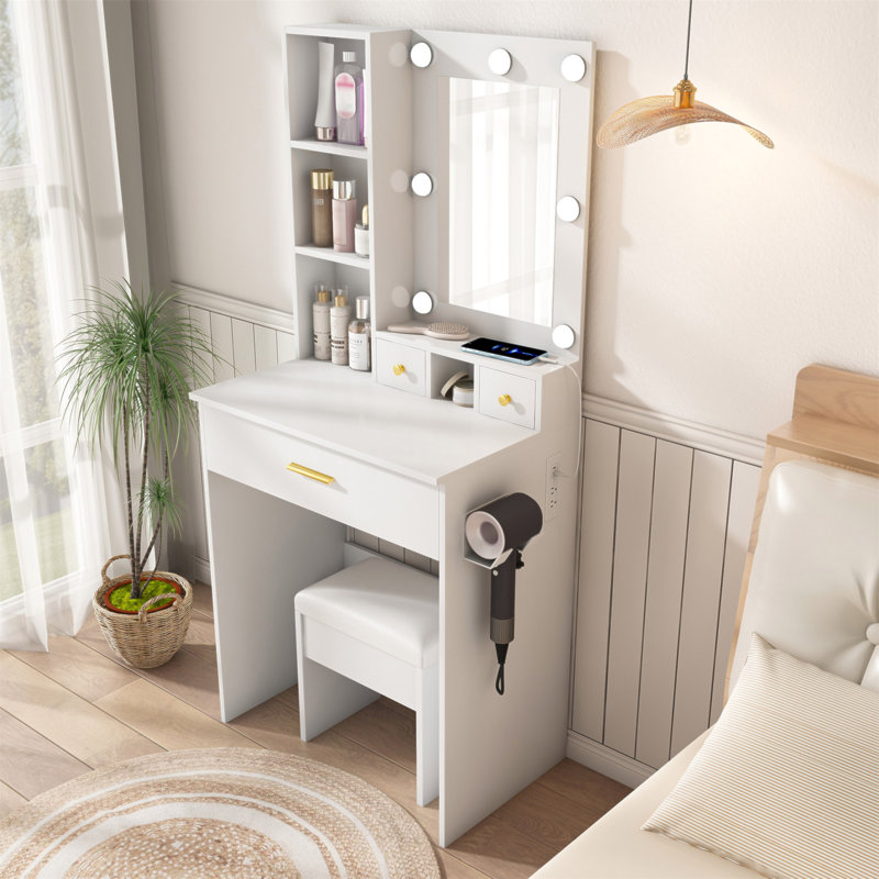 Vanity Table With Mirror & Adjustable LED Lights, Power Outlet, Hairdryer Holder & Stool – Compact Dressing Desk For Small Bedrooms(White)