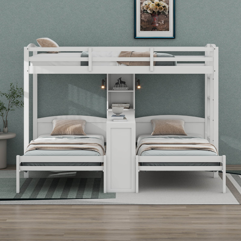 Twin Over Twin Over Twin Triple Bunk Bed With 2 Reading Lamp, 3-In-1 Beds With Desk And Storage Shelves, Headboard, Footboard