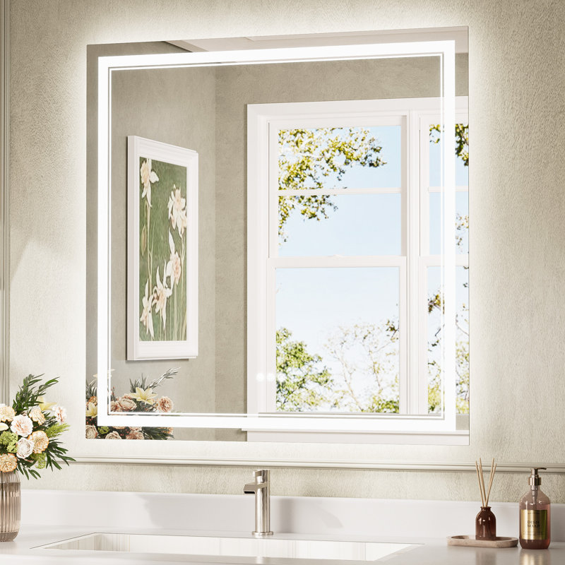 Miroir de salle de bain Bluetooth à DEL à éclairage avant et rétroéclairé, 3 couleurs de température et intensité variable, miroir de coiffeuse en verre trempé