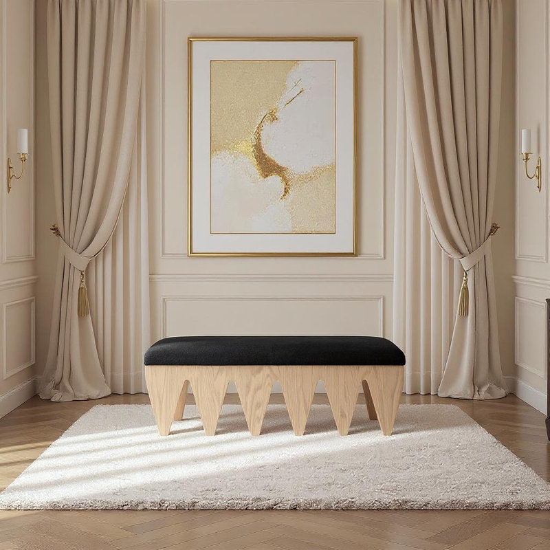 Banc en tissu Altair, Tissu de fourrure velours noir / finition naturell