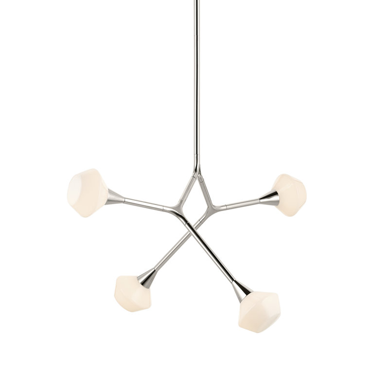 Convertible Modern Adjustable Chandelier with Opal Glass, Polished Nickel, 4, 19.75" H x 5.25" W x 39.5" D