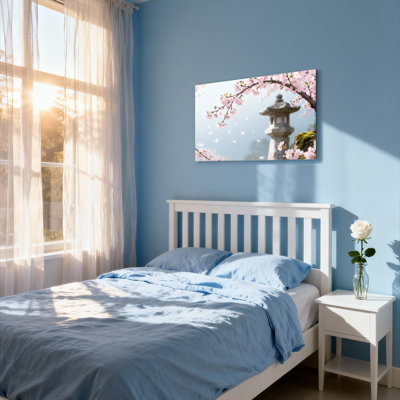 Ensemble de 1 tableau sur toile tendue représentant des fleurs de cerisier et une lanterne en pierre