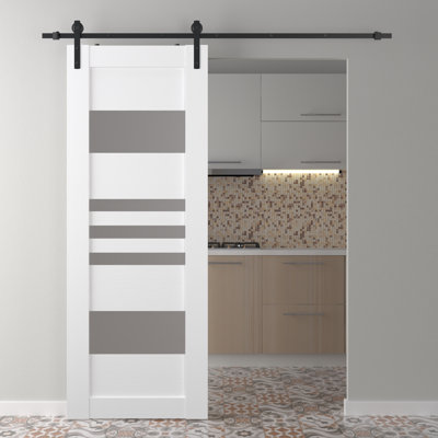 Leti Paneled Wood and Glass Prefinished Barn Door with Installation Hardware Kit