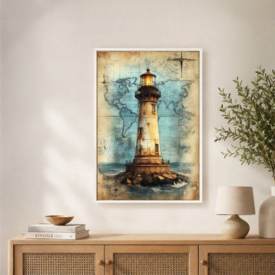 Lighthouse Rocks Sea Glowing Vintage Map Canvas Wall Art with Floating Frame, Ready to Hang
