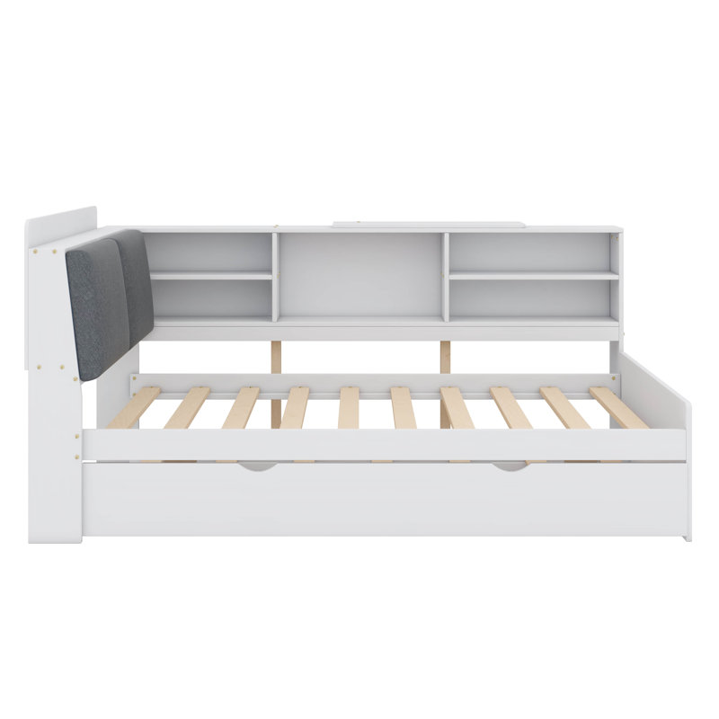 Platform Bed With An Underbed Trundle, Shelves, And A Storage Headboard, Twin, White