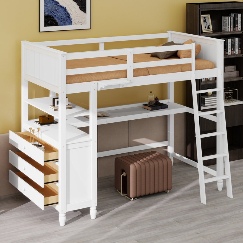 Lit mezzanine avec bureau, tiroirs et tablettes ouvertes, Gris