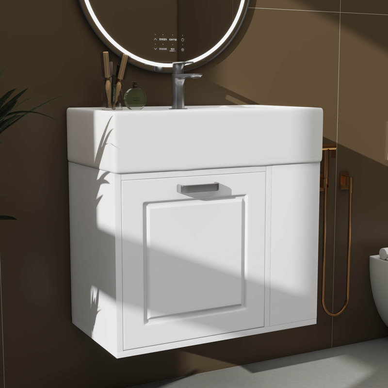 Meuble-lavabo flottant mural de 21,8 po avec meuble-lavabo, grand tiroir et tablette réglable, Blanc