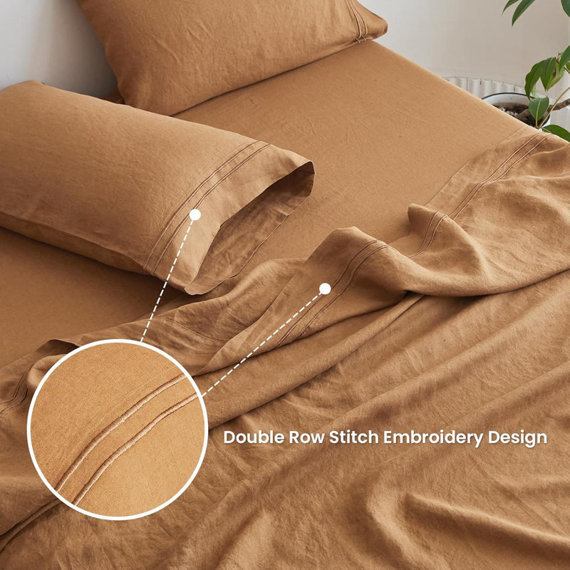 Ensemble de draps 104% lin, Embroidery Rust, Queen Sheet Set with 2 Pillowcases