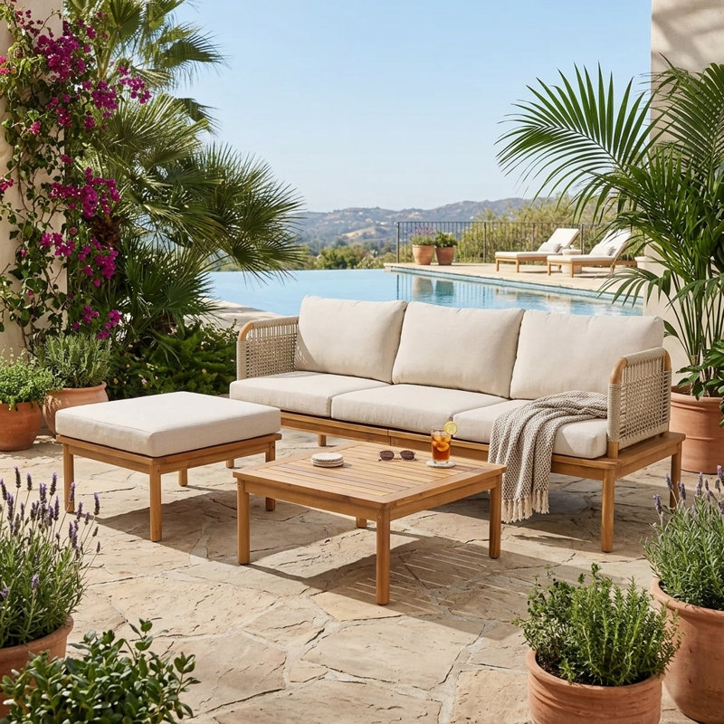 3-Piece Acacia Wood And Rope Weave Outdoor Patio Conversation Set With Water-Repellent Cushions - Includes 3-Seater Sofa, Ottoman, And Coffee Table