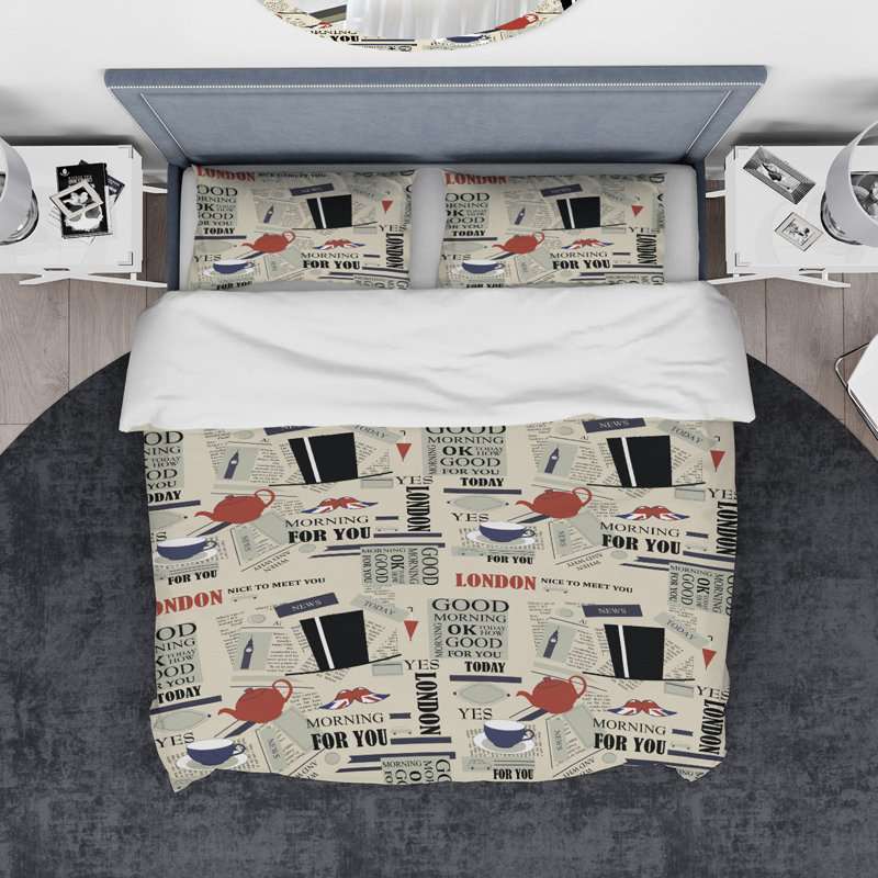 Ensemble de housse de couette designart rétro london good matin, Housse simple + 1 taie décorative