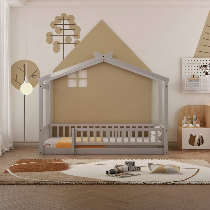 Cadre de lit en bois avec clôture, Gris, Lit simple