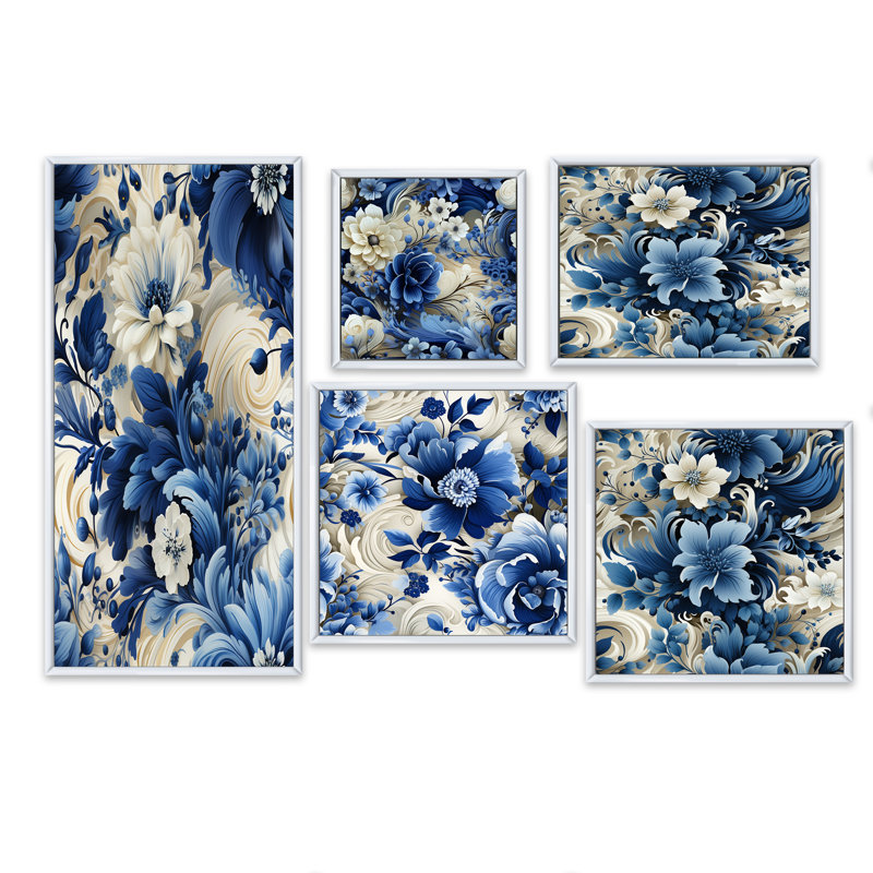 Stamford - Ensemble de 5 impressions murales florales, Cadre flottant blanc