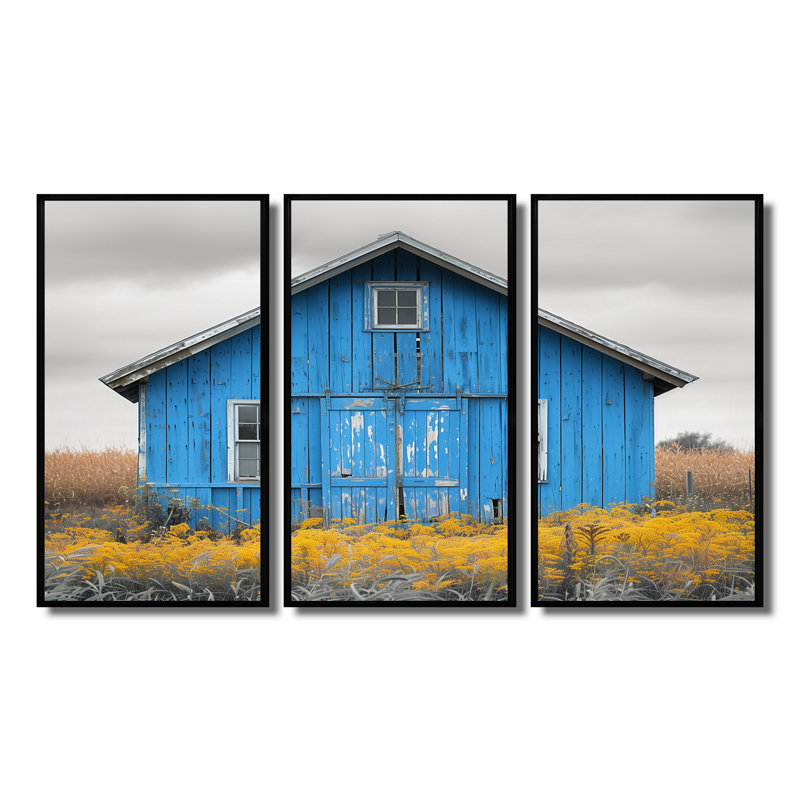 Ensemble de salon art mural grange d'automne bleu gris, H 28 po x l 36 po x P 1 po, Cadre flottant noir