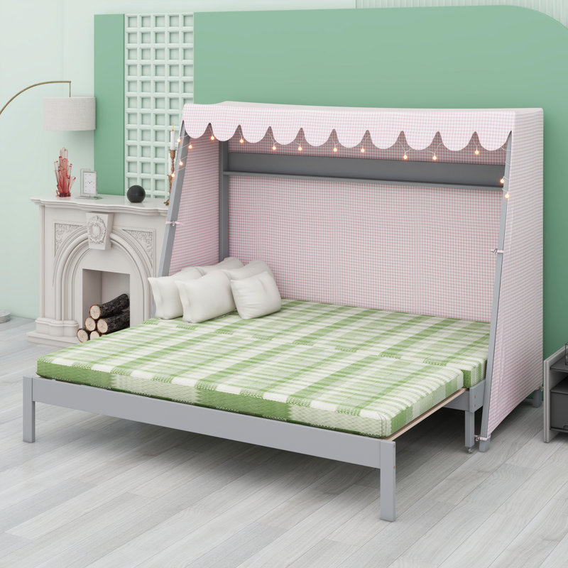Cadre de lit multifonctionnel pour la maison, avec lit gigogne, tablette, tente et lumière, Grey