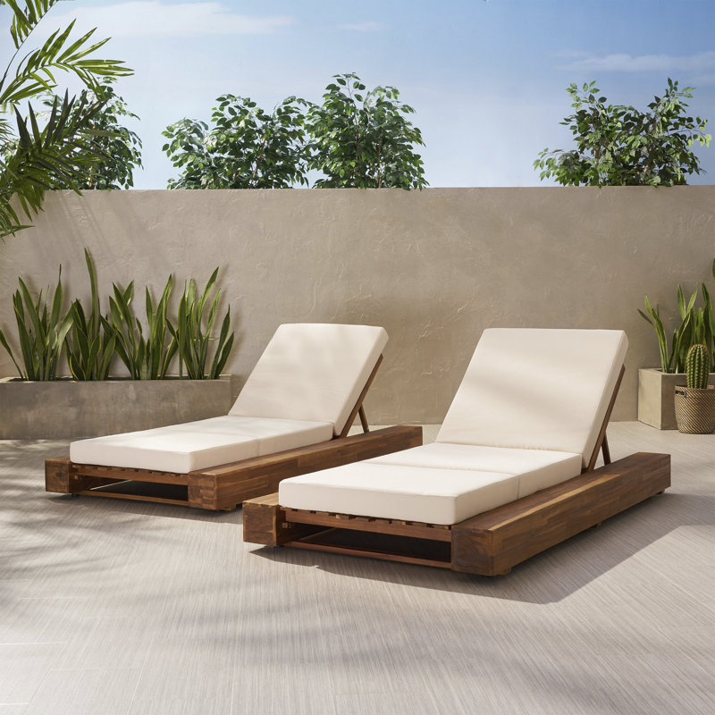 Tomalin Outdoor Wood Chaise Lounge, Sandblast Teak, Cream