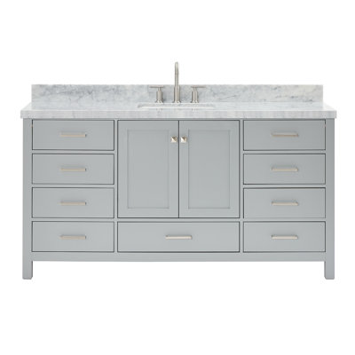 Cambridge 67'' Solid Wood Single Bathroom Vanity in Grey, with 1.5'' Carrara Marble Top, Center, Rectangle Sink