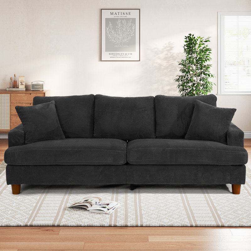 87"Solid Wood Leg Corduroy 3-Person Sofa with 2 Pillows, Black