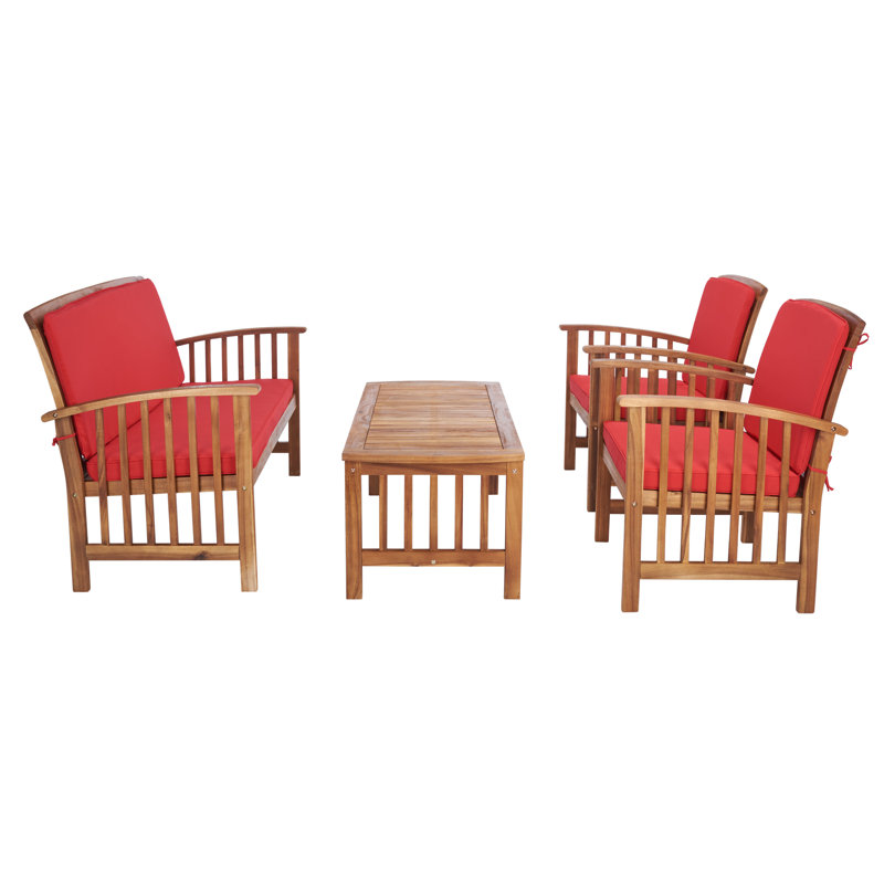 Delosreyes Acacia 4 - Person Patio Conversation Set with Cushions, Natural Frame/Red Cushion