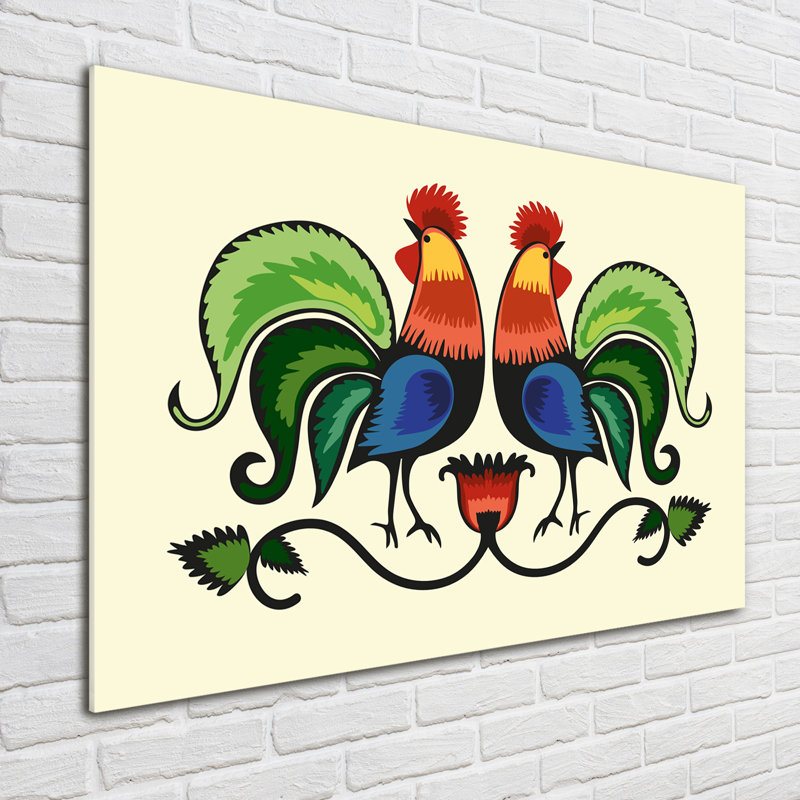 Roosters folk pattern 1 Piece Wall Art on Glass
