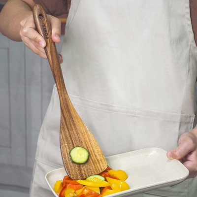 12-Piece Teak Wood Kitchen Utensil Set With Wooden Holder & 6 Hooks, Non-Toxic BPA-Free Cookware, Includes Spatula, Spurtle, Slotted Spoon, Salad Spoon & Fork, Mixing Spoon, Handmade Durable Design