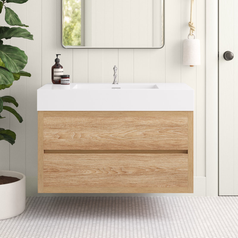 Ensemble de meuble-lavabo mural simple 36 po Vali, Finition chêne nord-américain, Blanc, 36"