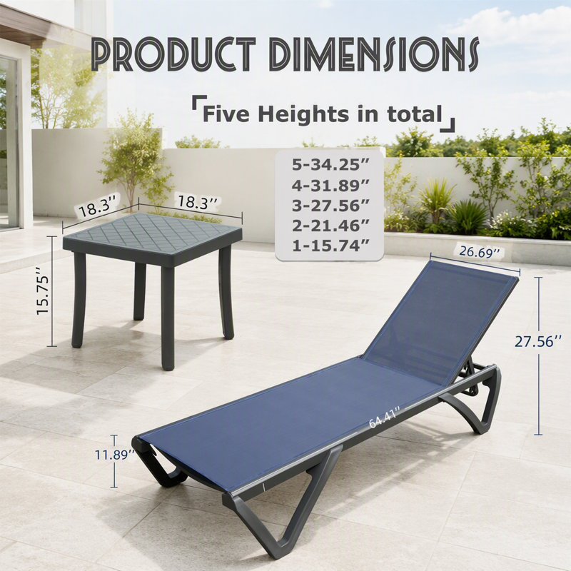 Outdoor Lounge Chair,Patio Chaise Lounge with Side Table & 5 Position Adjustable Backrest