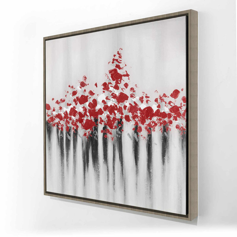 «Falling Red Dot» - Décor sur toile contemporain gris encadré