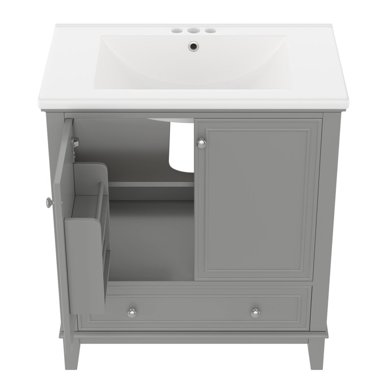 Ensemble de meuble-lavabo 30 po avec lavabo, armoire de salle de bain multifonctionnelle avec portes et tiroir, cadre solide et panneau de fibres à densité moyenne (gris)