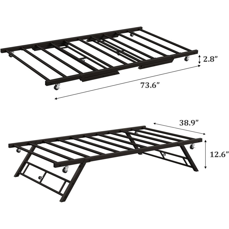 Twin Pop Up Trundle Bed Frame with Lockable Casters, Foldable Metal Platform for Daybed, Brown