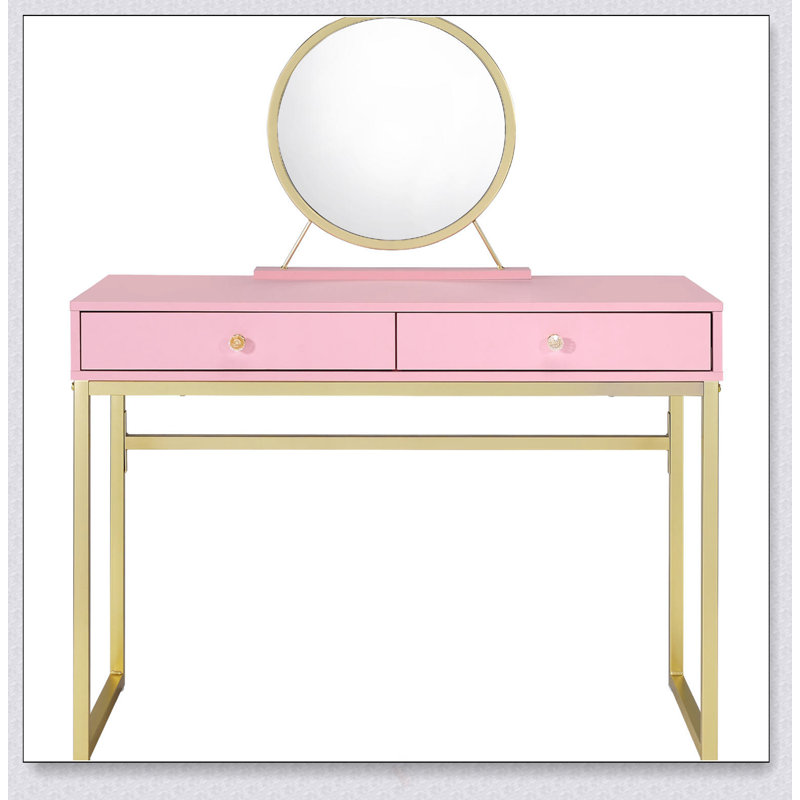 Bureau de coiffeuse chic rose et doré avec 2 tiroirs, miroir amovible et plateau à bijoux pour des routines de beauté organisées