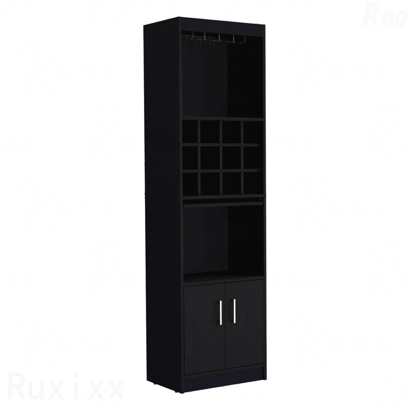 Armoire de bar moderne de 71 pouces de hauteur - 5 niveaux, support en verre, porte-verres à pied, 12 casiers à bouteilles, 5 tablettes, plateau coulissant