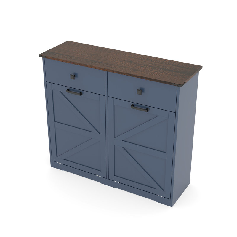 Armoire à déchets style bleu pour poubelles de 20 gallons, conception cachée pour bloquer les odeurs, avec plateau imperméable et charnières lisses, bacs inclinables 2 x 10, salle à manger stable et peu encombrante, porte de grange
