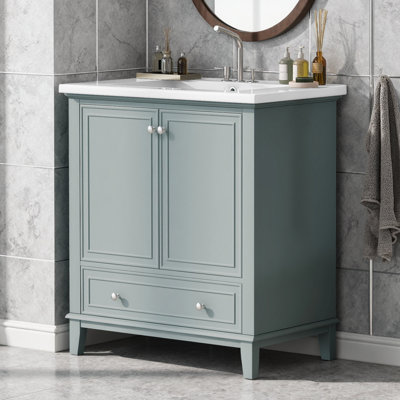 Ensemble de meuble-lavabo 30 po avec lavabo | Structure en bois massif vert + panneau de fibres à densité moyenne, armoire à 2 portes + tiroir divisé, supports de porte à 2 niveaux, robinet de 4 po, bouchon de 200 lb